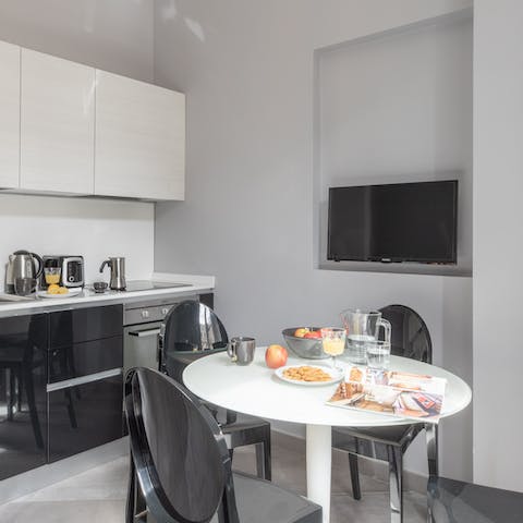 Set up for breakfast in the sleek, monochrome kitchen