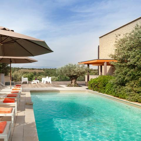 Descend into the sparkling pool, surrounded by greenery for ultimate privacy
