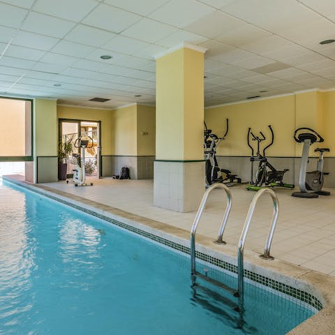 Get your sweat on in the residents only gym or swim in and outside in the heated communal pool