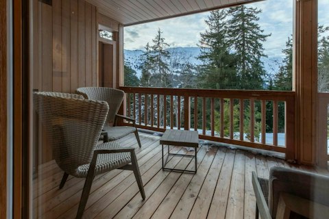 Sit out and watch snow-capped peaks through the forest