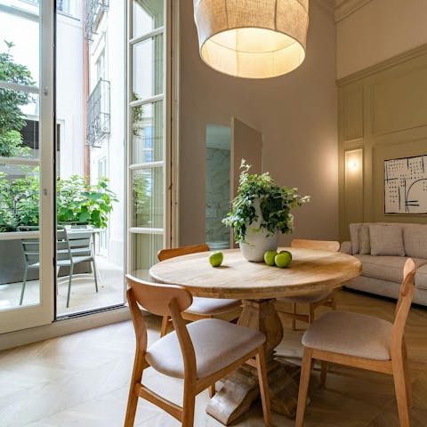 Enjoy a morning espresso overlooking the patio garden
