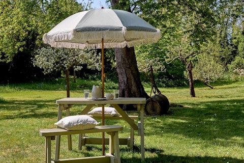 Lunch outside beneath apple blossom in the Suffolk sunshine
