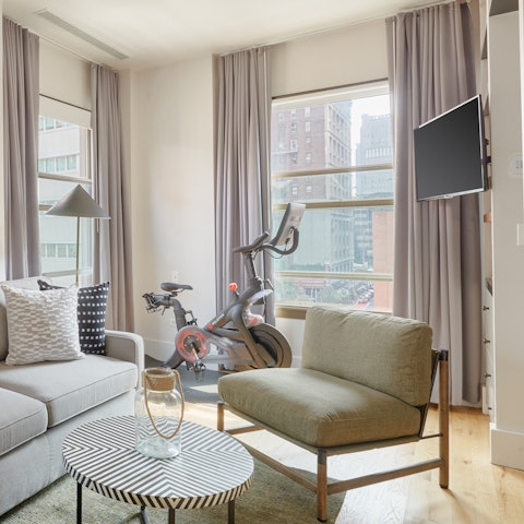 Stream your favourite series to the TV while burning some calories on the in-room Peloton bike