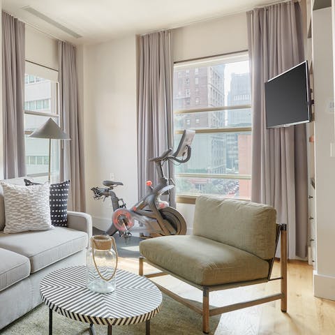 Stream your favourite series to the TV while burning some calories on the in-room Peloton bike