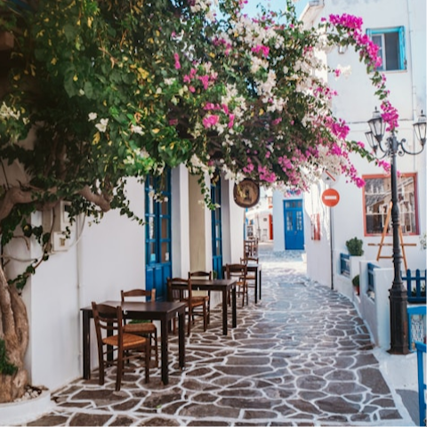 Take a scenic drive to the island's capital of Plaka (10km)
