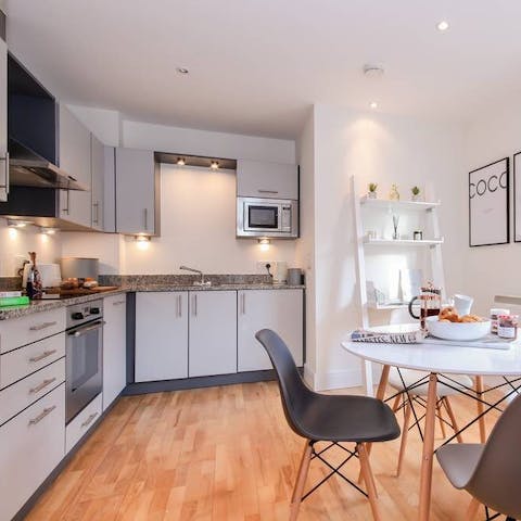 Fire up the coffee pod machine in the smart, kitchen area