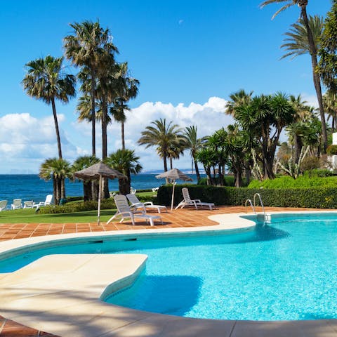 Lounge by the apartment complex's pool on hot afternoons