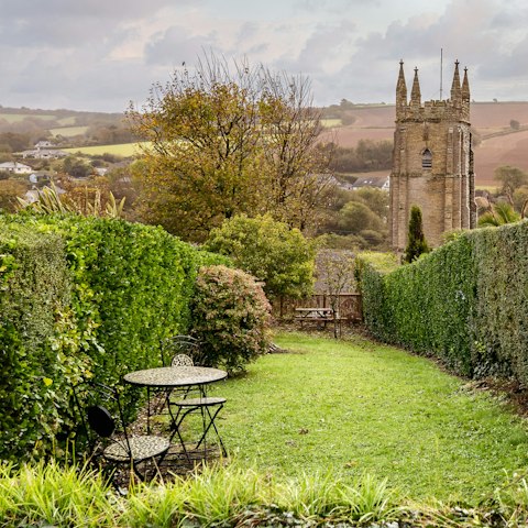 Enjoy church views while dining in the garden