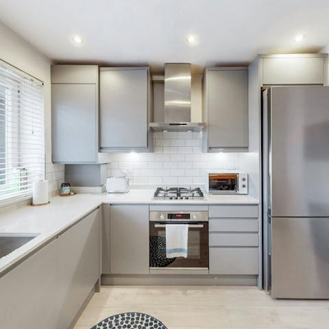 Cook a full English breakfast in the modern kitchen