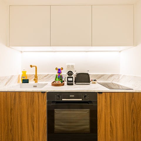 Cook meals in the compact kitchen for an easy evening in