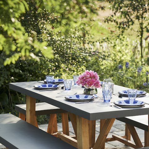Dine alfresco on the terrace or in the Victorian conservatory