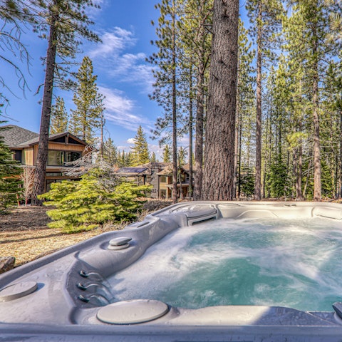 Enjoy forest views from the bubbling hot tub