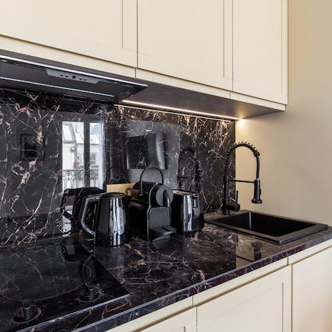Rustle up breakfast in the sleek, modern kitchen