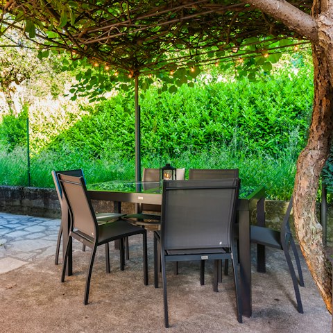 Lay the table for breakfast under the shady pergola
