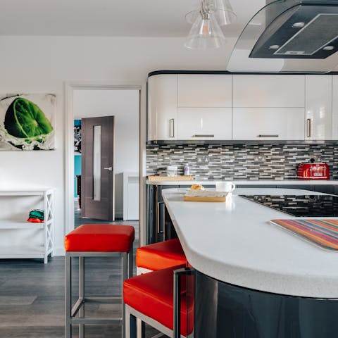 Sip your morning java in the sleek, chef's kitchen