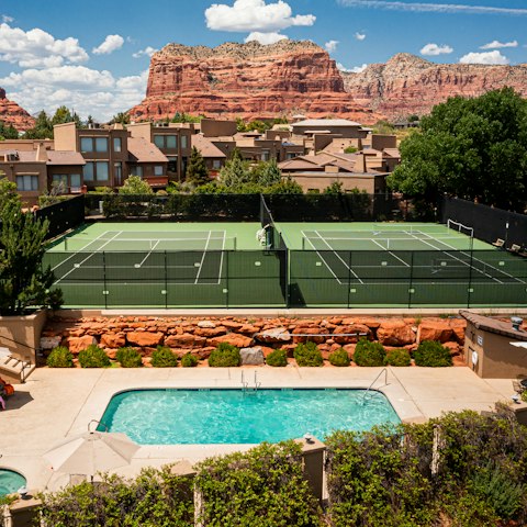 Head to the communal pool after a day of adventure