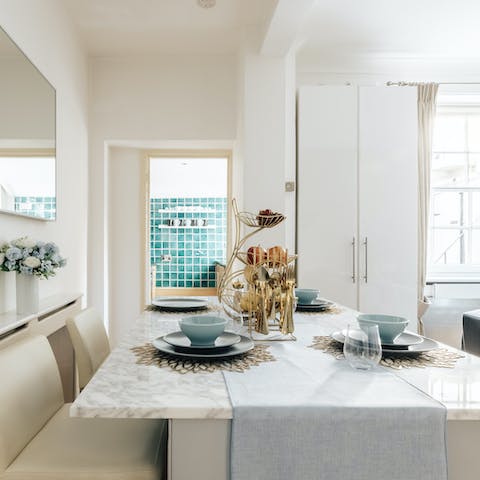 Enjoy a Full English with a fresh coffee at this bar-style dining table