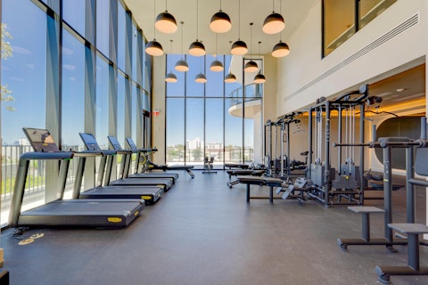 Workout in the communal gym with a skyline view thanks floor-to-ceiling windows