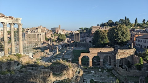 Wander the Roman Forum's sprawling ruins, just twenty-three minutes on foot