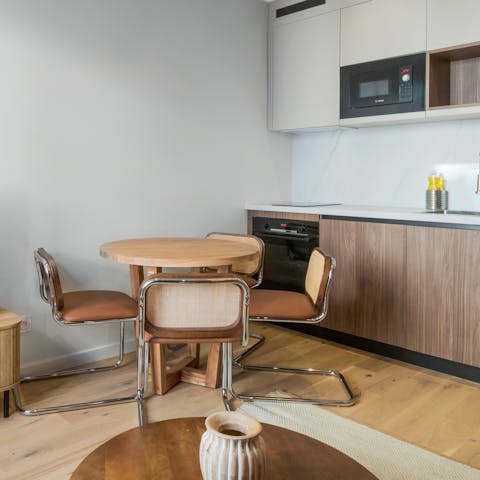 Enjoy fresh croissants at the intimate dining table