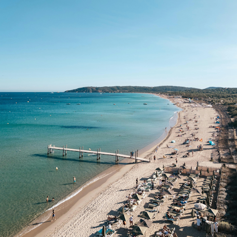 Relax on Pampelonne Beach, a fifteen-minute drive away