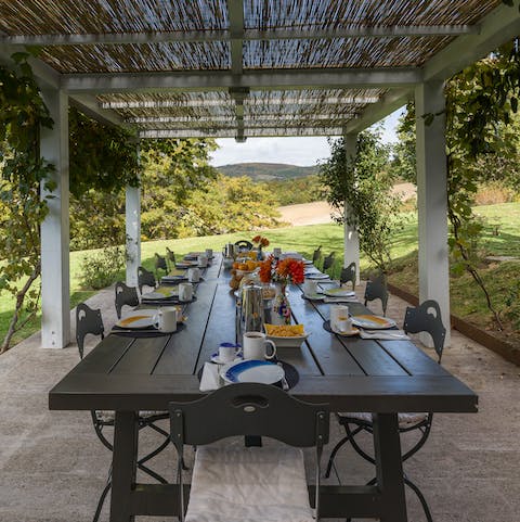 Sup on a rustic feast under roses and grape vines