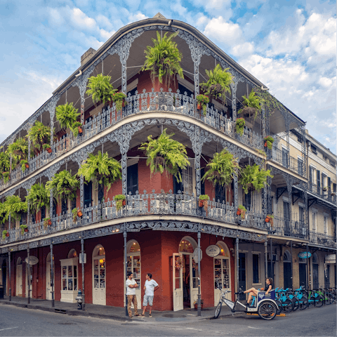 Admire the classic architecture of the French Quarter, a five-minute walk away