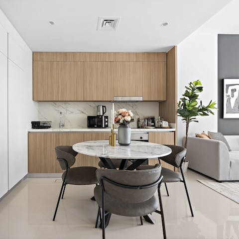 Gather around the marble-topped table for dinner when you don't fancy going out