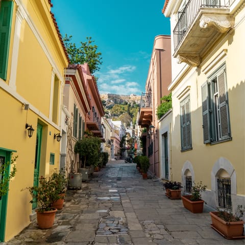 Stay near Plaka, a fifteen-minute walk from the Acropolis