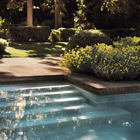 Swim in a pool surrounded by fragrant greenery