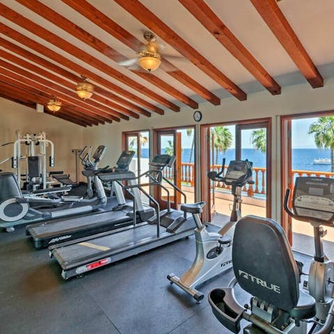 Work out at the shared gym with sauna