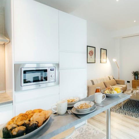 Share leisurely breakfasts around the sleek high-top bar