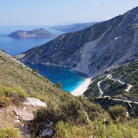 Spend the day on the stunning Myrtos Beach, a fifteen-minute drive away