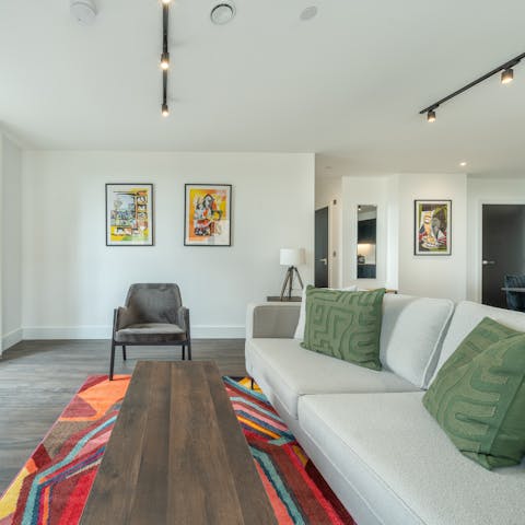 Stretch out on the sofa and unwind with a glass of wine