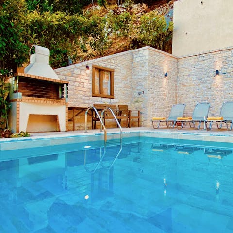 Take a dip in your private pool before keeping dinner simple with a Greek barbecue
