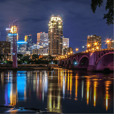 Lose yourself to twilight city views from the Mississippi River, just a nine-minute stroll away