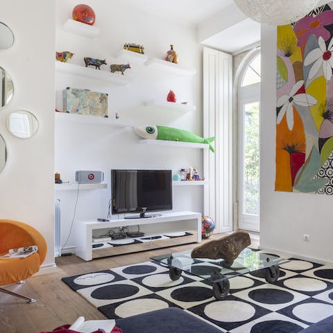 Challenge your group to party games in the eclectic living space