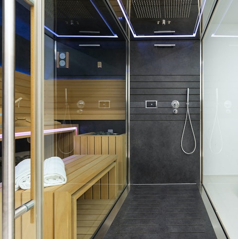 Enjoy a relaxing session in the private sauna