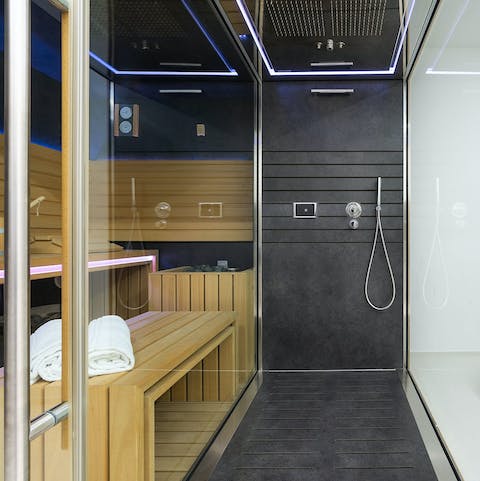Enjoy a relaxing session in the private sauna