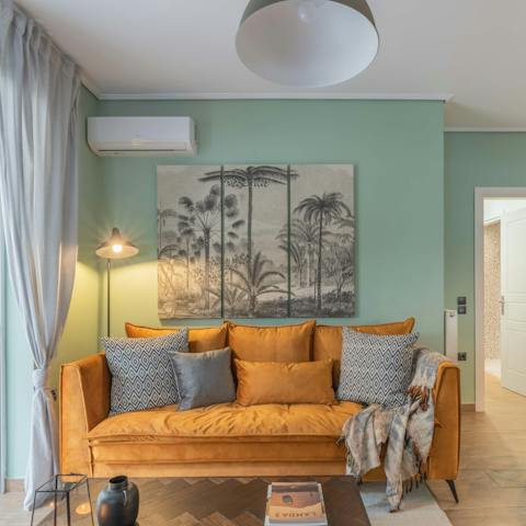Have a rest on the comfy, mustard-coloured sofa after exploring Athens
