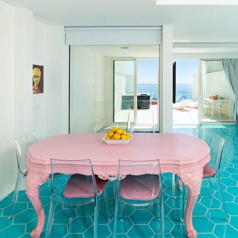 Come together around the funky dining table for evening feasts