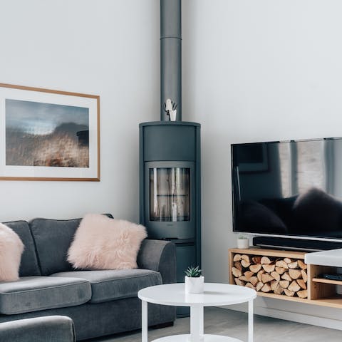 Fire up the wood burning stove and settle in for the evening