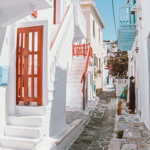 Spend an afternoon exploring the whitewashed Town of Mykonos
