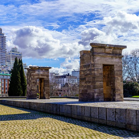 Visit the ancient Egyptian Temple of Debod, an eight-minute stroll away