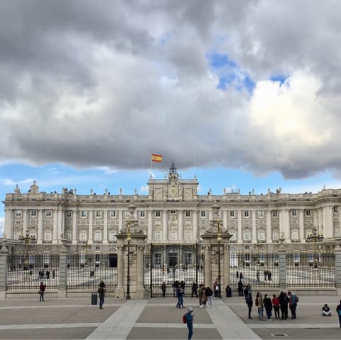 Admire the beautiful Royal Palace of Madrid, a ten-minute walk away