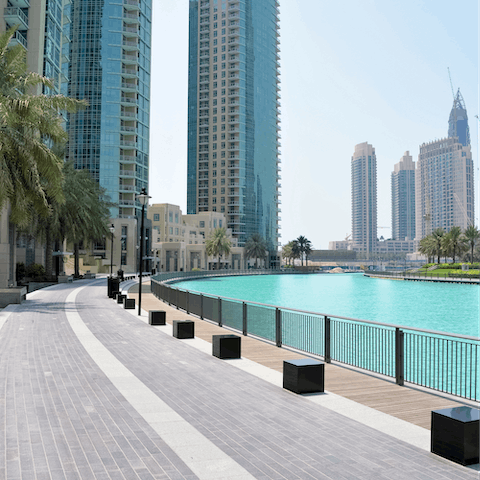 Hop in a cab for thirteen minutes to stroll around Dubai Marina – it takes thirteen minutes