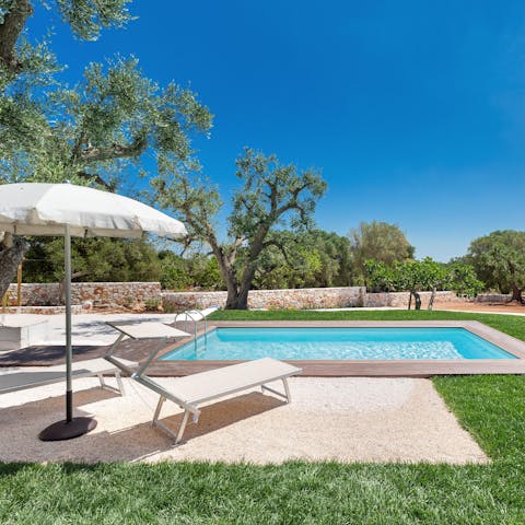 Savour a glass of wine as you lounge by the tree-lined pool