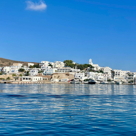 Explore the pretty harbour town of Adamantas – 10 kilometres away