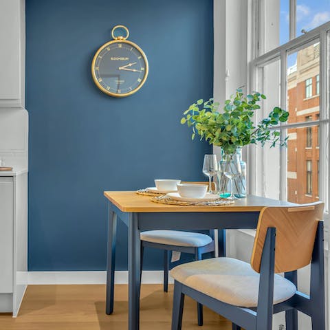 Start mornings with tea and crumpets at the window-side table