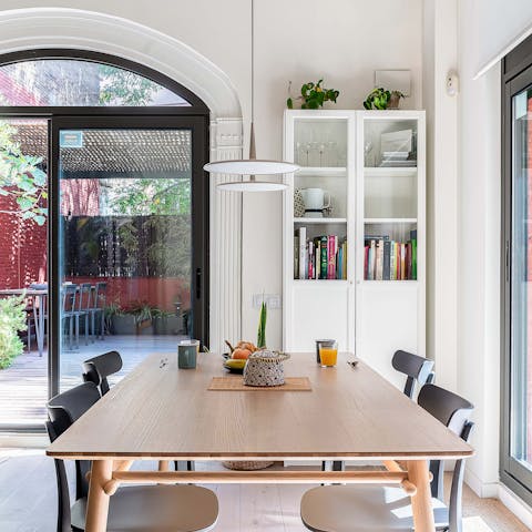 Sit down to celebratory meals in the bright dining area